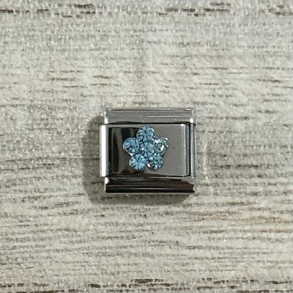 Blue Rhinestone Flower Italian Charm Bracelet Link - Picture 1 of 1